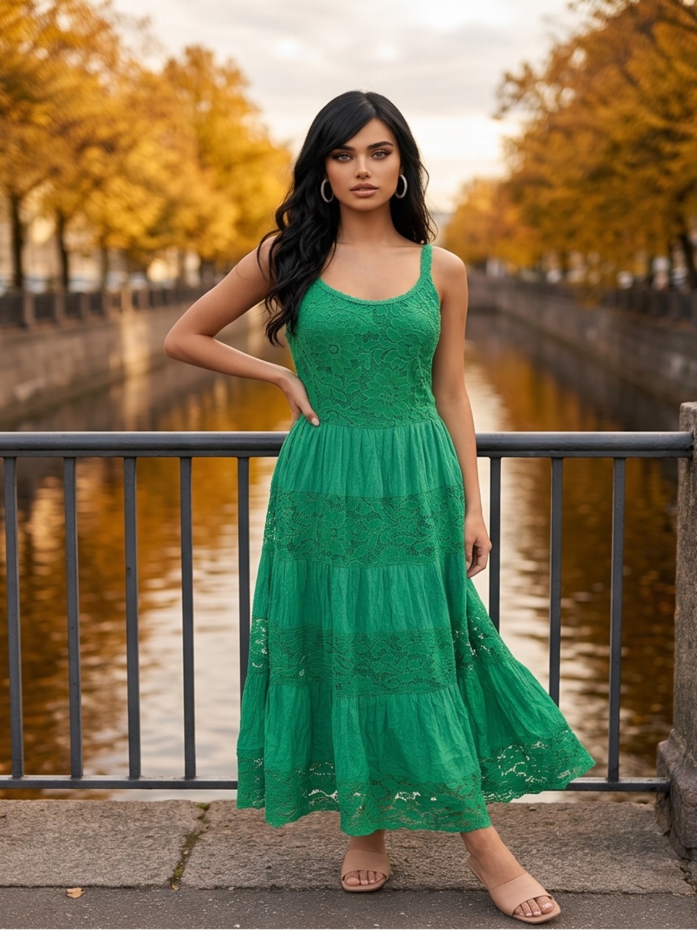 Sleeveless Green Lace Tiered Maxi Dress